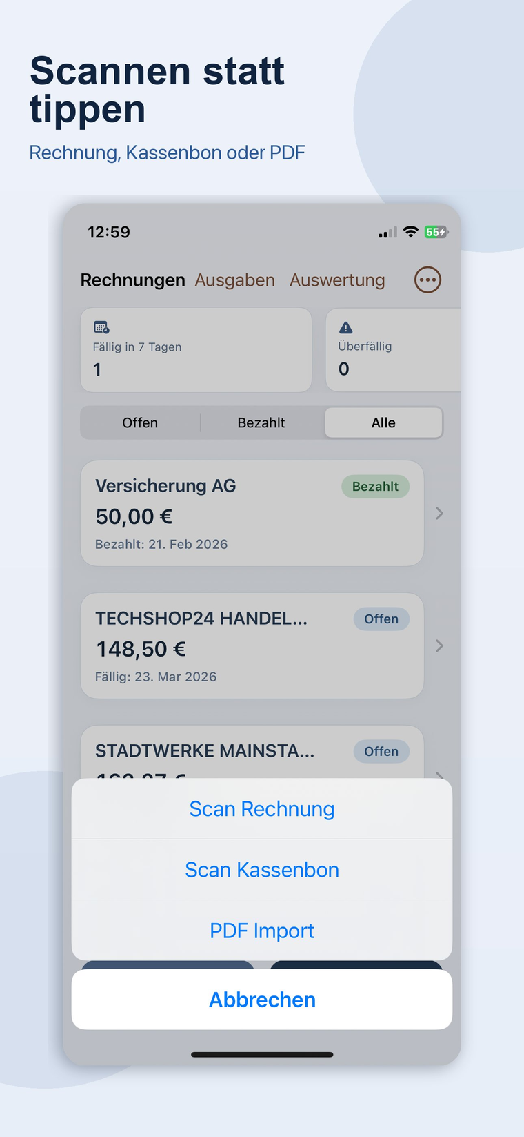 Scannen statt tippen — Rechnung, Kassenbon oder PDF