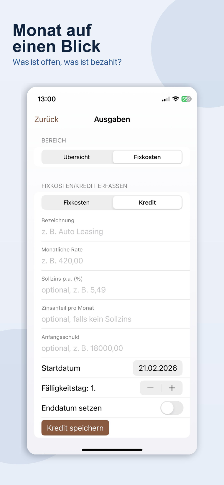 Fixkosten und Kredite verwalten