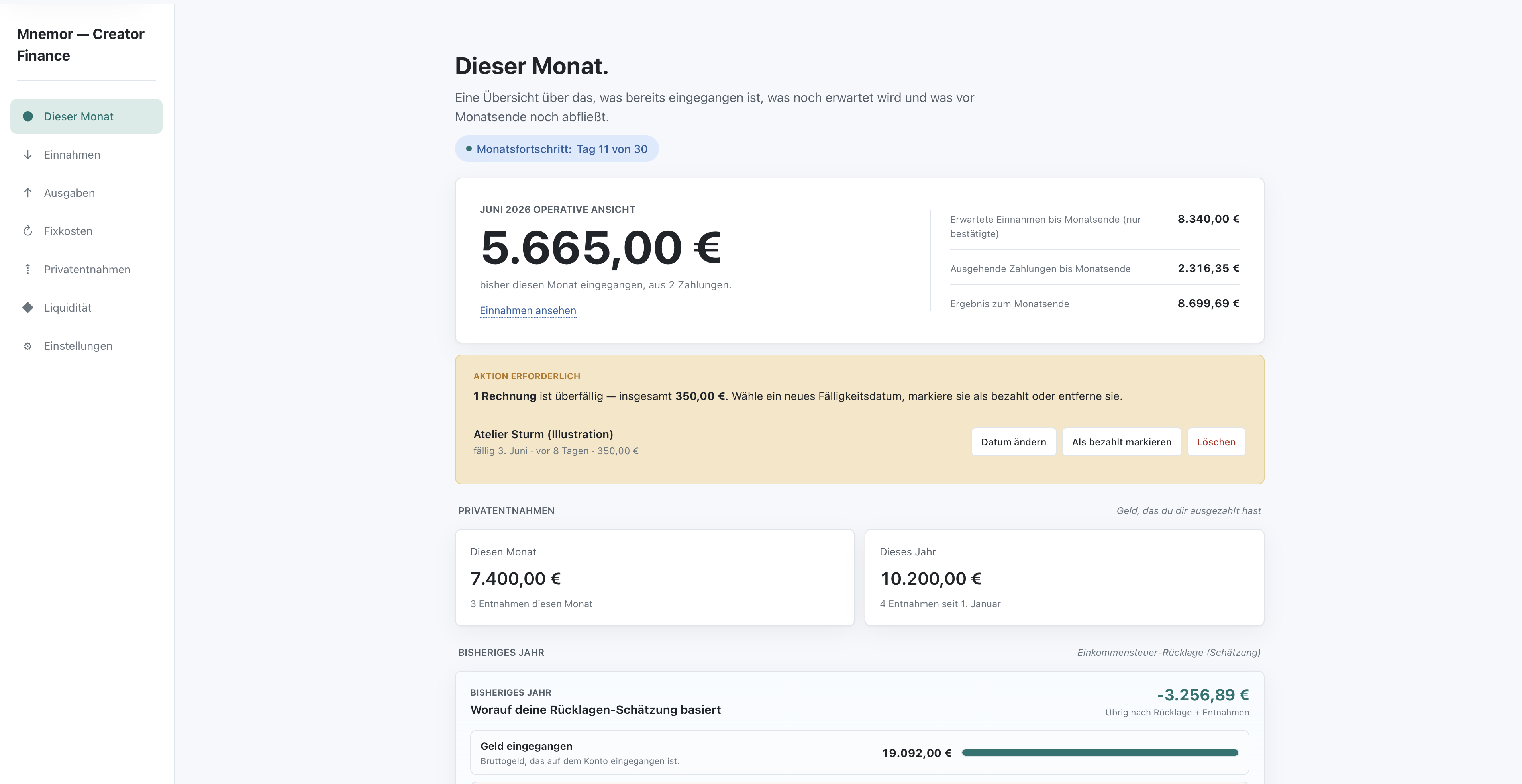 Operative Monatsansicht mit erwarteten Einnahmen und Ergebnis zum Monatsende