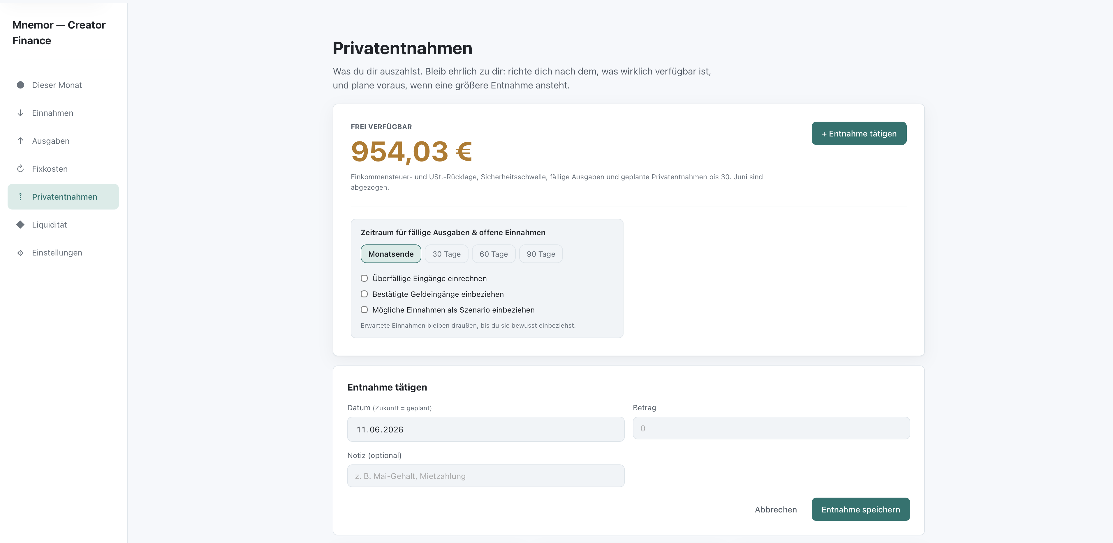 Privatentnahmen-Modul mit Frei-verfügbar-Betrag und Entnahmen pro Monat und Jahr