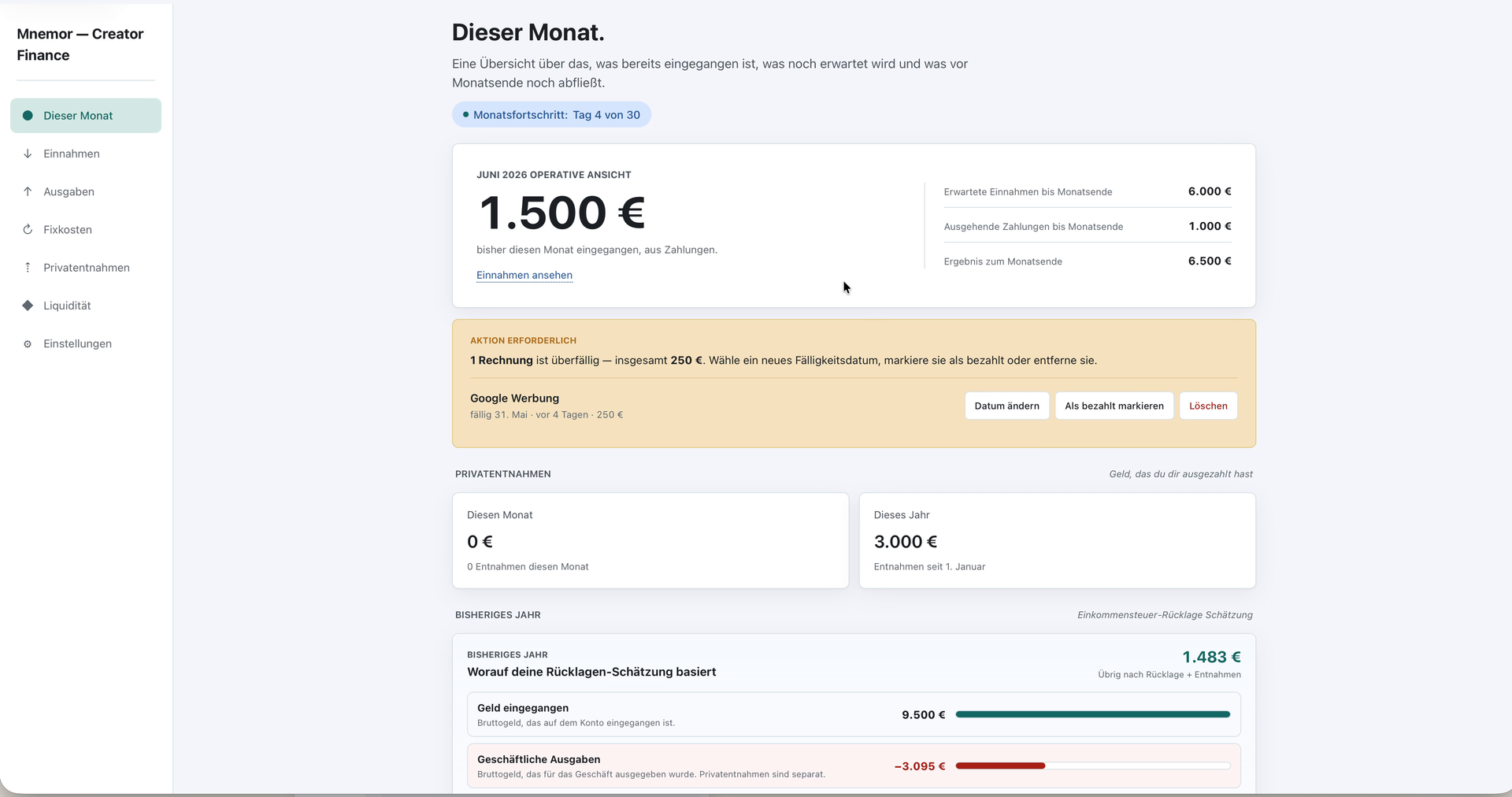 Mnemor Creator Finance Cockpit home overview